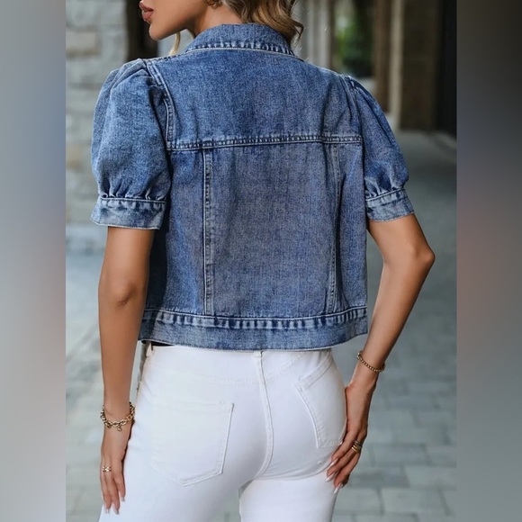Blue Cropped Jean Jacket with Rolled Sleeves - Picture 4 of 5